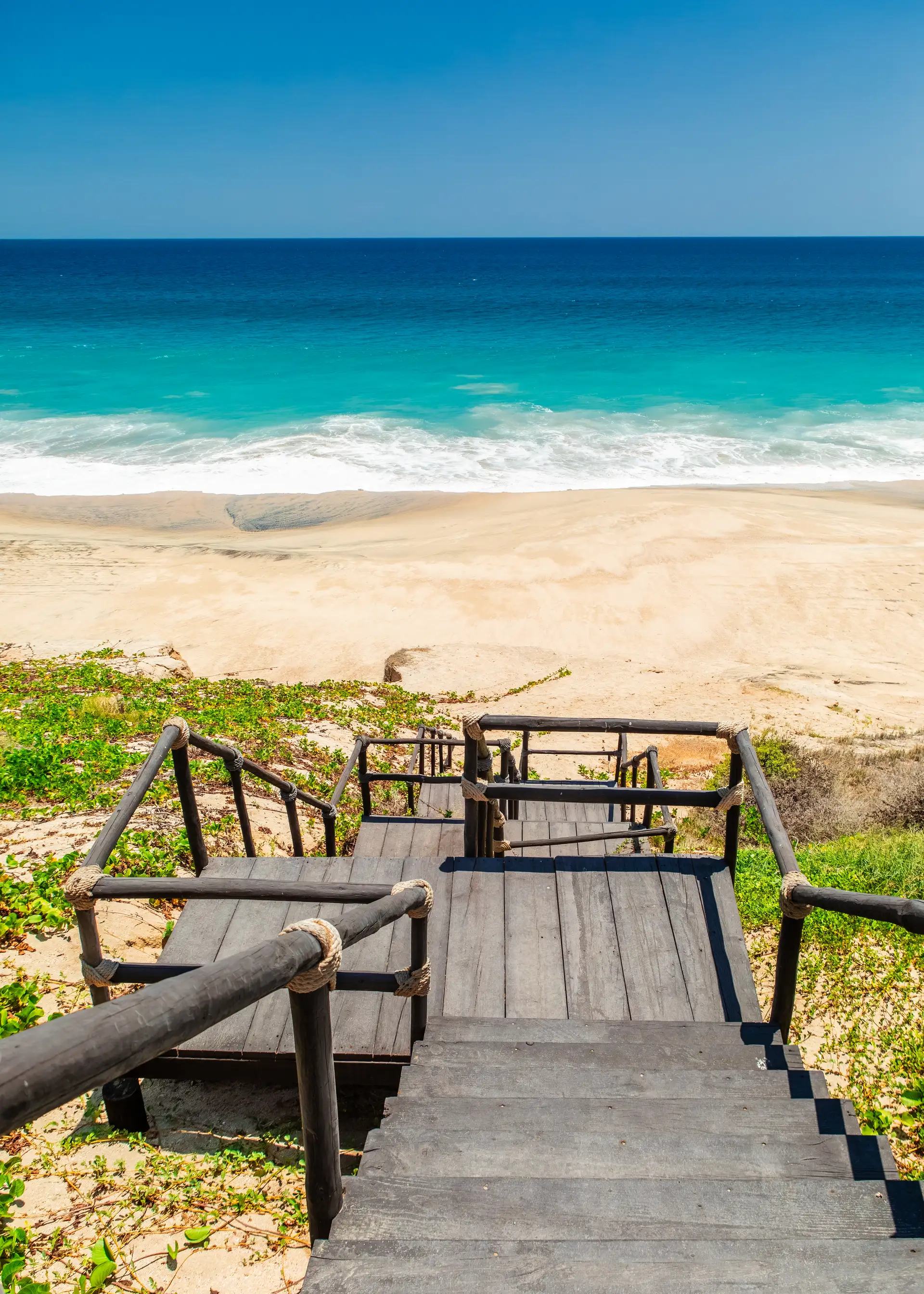 A rope-railed wooden boardwalk winds through native dune vegetation down to a wide sand beach and turquoise surf, preserving the coastal habitat along the walk to the water.