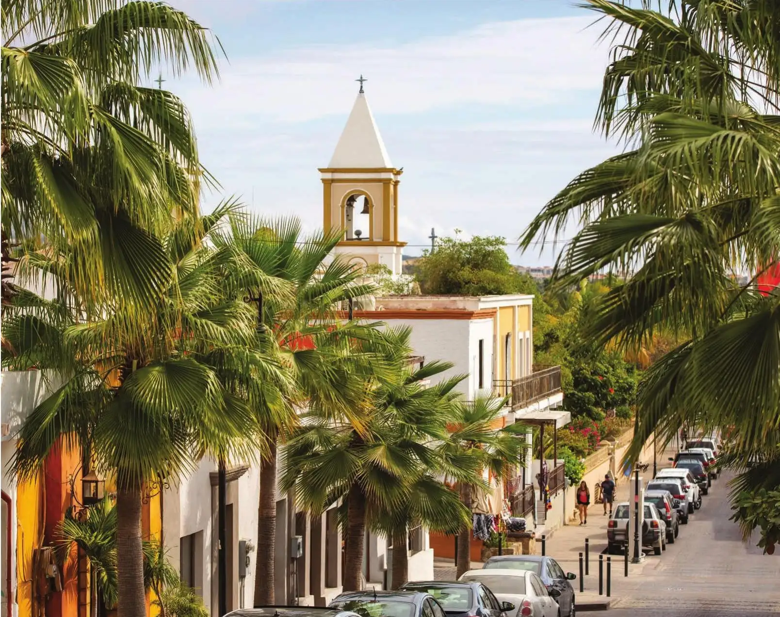 A palm-lined street in San José del Cabo, cars parked along the curb and a white and yellow church bell tower rising above the rooftops.