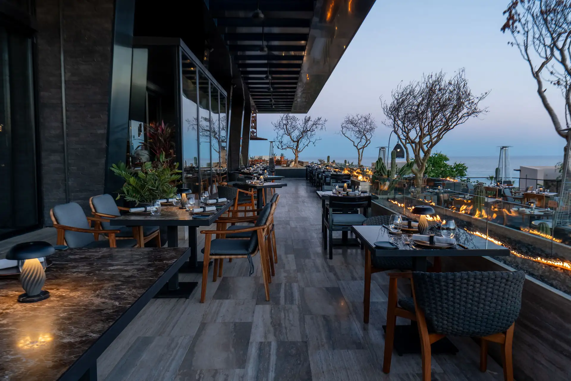 An oceanfront dining terrace at Humo, the restaurant at Zadún, a Ritz-Carlton Reserve, tables set for dinner beside a firepit trench at dusk, the Sea of Cortés horizon beyond desert trees.